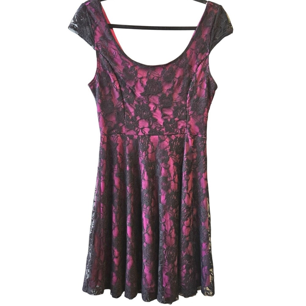 Black Lace Overlay Pink Fit & Flare Mini Dress